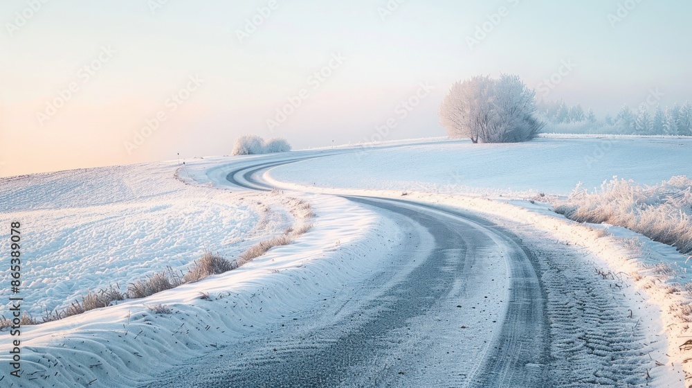 A snow-covered road snaking through a tranquil winter landscape A snow-covered road snaking through a tranquil winter landscape