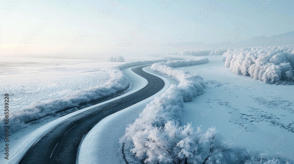 A snow-covered road snaking through a tranquil winter landscape A snow-covered road snaking through a tranquil winter landscape
