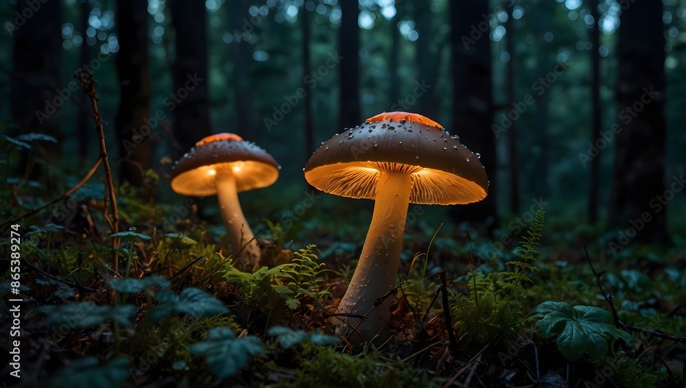 Fototapeta premium In the darkened woods, glowing mushrooms create a fairy-tale realm ai_generated