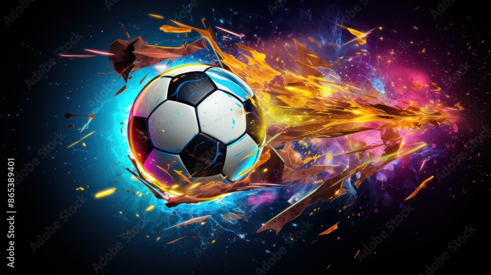 Naklejka premium A soccer ball exploding with neon energy, its fragments scattering like shooting stars across the canvas,