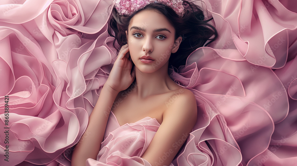 portrait of a young woman in pink wavy elegant dress portrait of a young woman in pink wavy elegant dress