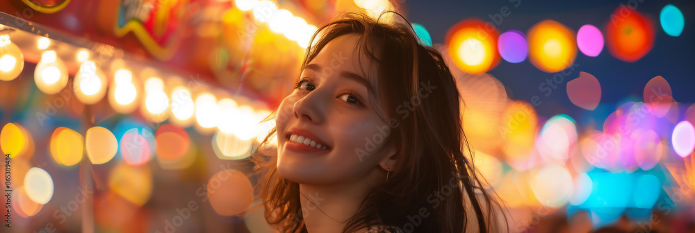 Smiling Woman at Festive Night Carnival with Colorful Bokeh Light Decor Celebrating Holiday in Warm Evening Glow Smiling Woman at Festive Night Carnival with Colorful Bokeh Light Decor Celebrating Holiday in Warm Evening Glow