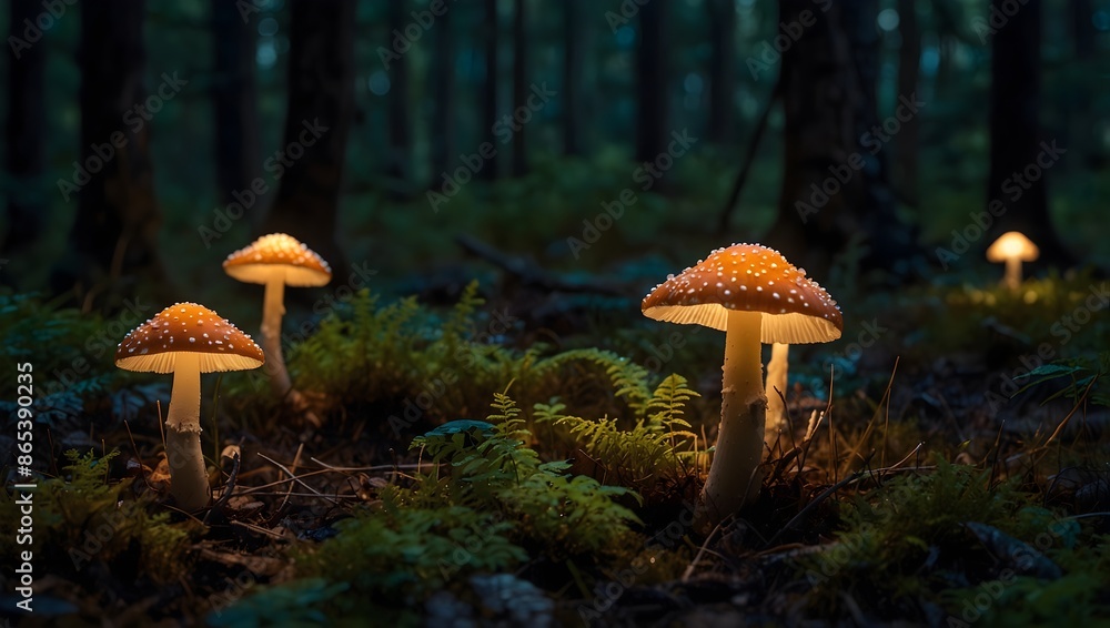 Fototapeta premium The magic of glowing mushrooms illuminating the forest floor ai_generated