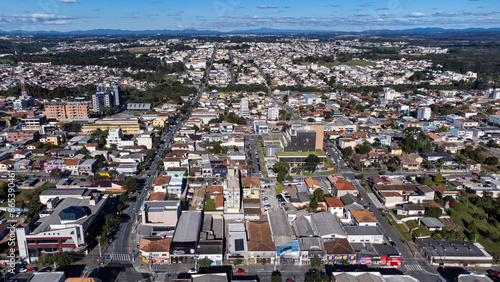 Image using drone, on a sunny day, of the central region of the city of Araucara, located close to Curitiba, capital of the state of Parana, southern Brazil.