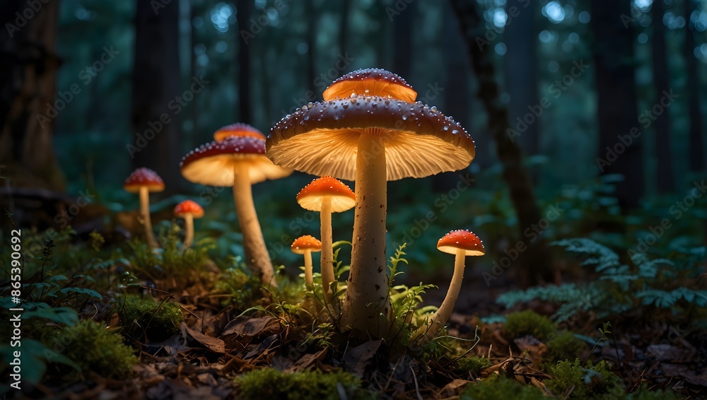 Fototapeta premium The trail of glowing mushrooms into a realm of enchantment and wonder ai_generated