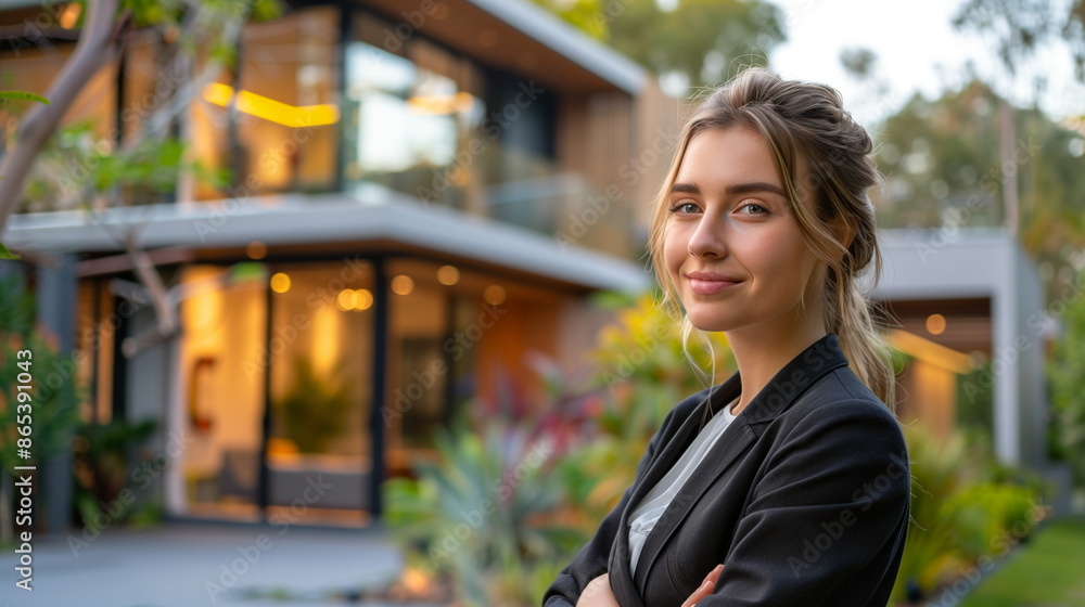 Modern Real Estate Agent Standing Outside Luxurious Contemporary House with Glass Walls and Lush Garden Modern Real Estate Agent Standing Outside Luxurious Contemporary House with Glass Walls and Lush Garden