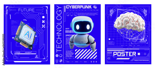 A set of futuristic posters highlighting technology themes, including AI, a cyberpunk robot, and a brain concept. Perfect for tech events, presentations, and modern digital art projects.