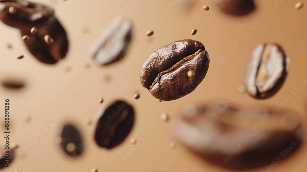 Several Coffee Beans, Suspended in the Air - Against a Solid Brown Background, Colliding with each other. Food Art. Several Coffee Beans, Suspended in the Air - Against a Solid Brown Background, Colliding with each other. Food Art.