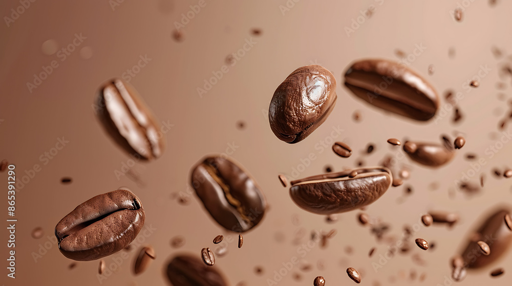 Several Coffee Beans, Suspended in the Air - Against a Solid Brown Background, Colliding with each other. Food Art. Several Coffee Beans, Suspended in the Air - Against a Solid Brown Background, Colliding with each other. Food Art.