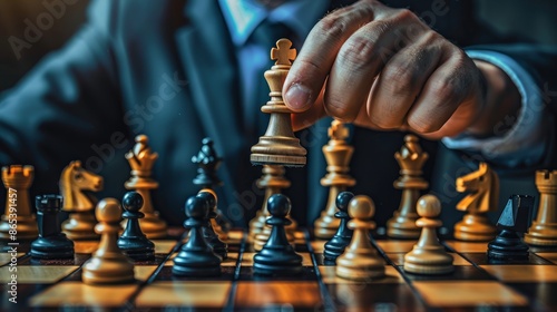 A business executive making a move on a chessboard, illustrating the strategic nature of business decisions.