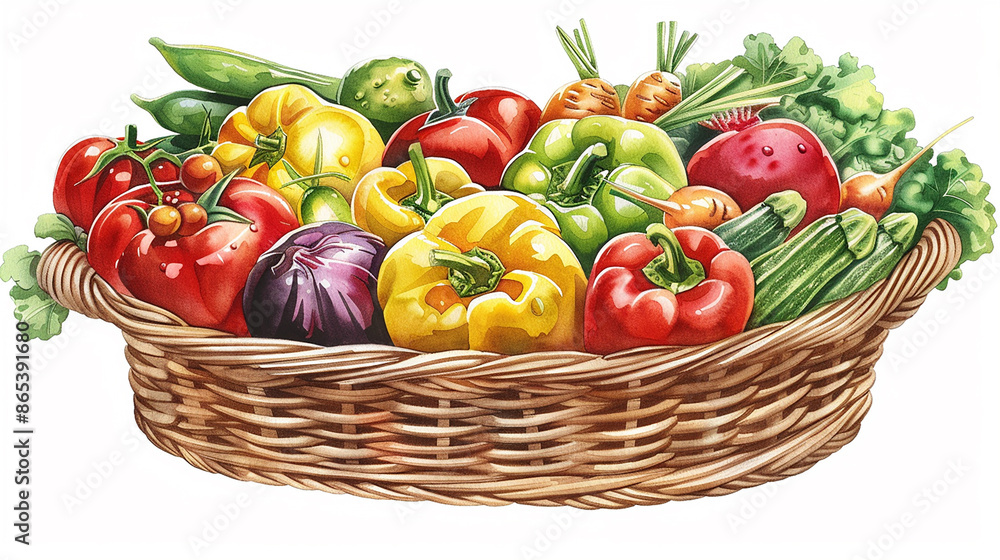 An artistic watercolor illustration of a basket filled with various colorful vegetables, set against a white background. An artistic watercolor illustration of a basket filled with various colorful vegetables, set against a white background.