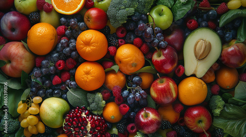 A colorful array of fresh fruits including oranges, apples, grapes, and berries, arranged together to showcase their natural beauty and variety.