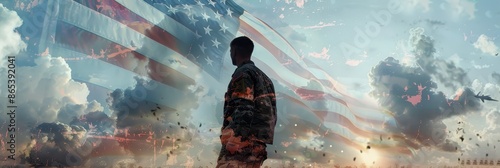 Courageous Airman Amid Patriotic Wallpaper with Copyspace. Double exposure image of a fearless military aviator soaring amidst a dynamic,ethereal backdrop of the American flag's stars and stripes. photo