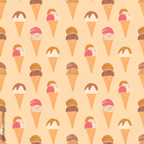 Vector ice-cream waffle cones seamless pattern. Cute flavored vanilla, chocolate and salted caramel gelato repeat design on brown beige background. Hand drawn retro textured summer frozen dessert