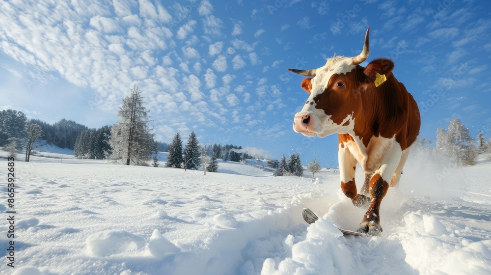 Playful Cow Running Through Snow in Winter Wonderland Playful Cow Running Through Snow in Winter Wonderland