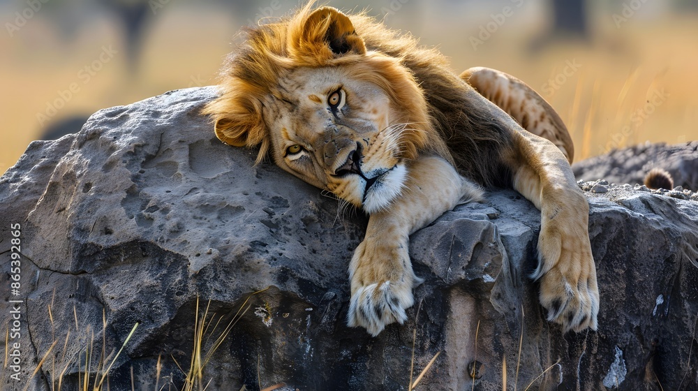 Naklejka premium A lion lies on a stone and looks forward.