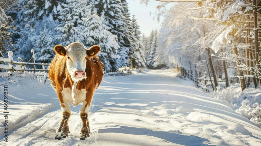 Brown and white cow standing on snowy path through a sunny winter forest. Concept of farm life, winter wonderland, and livestock Brown and white cow standing on snowy path through a sunny winter forest. Concept of farm life, winter wonderland, and livestock