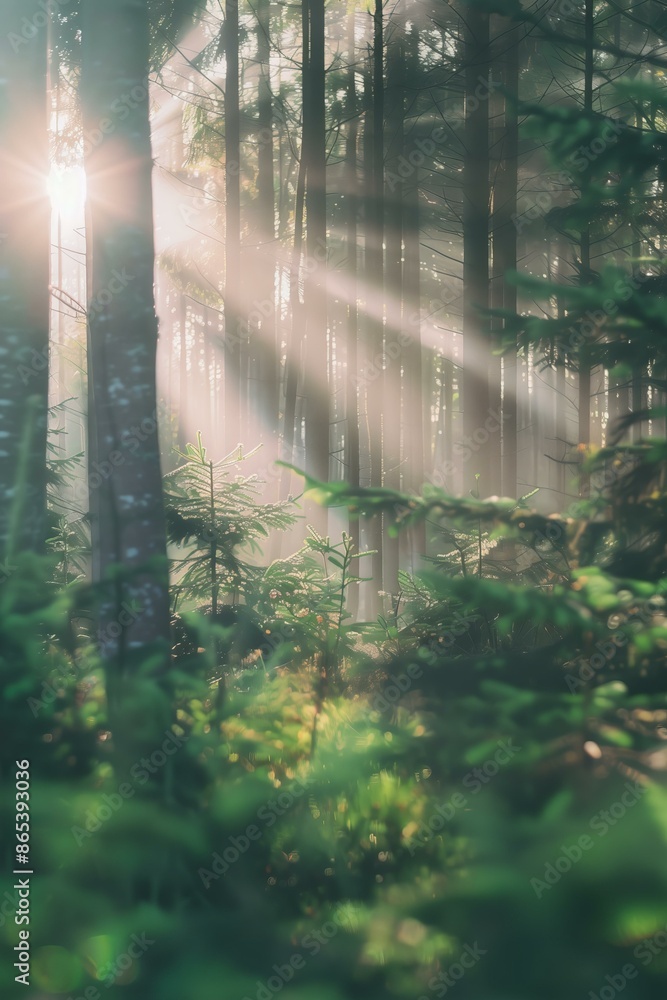 Obraz premium sunlight filtering through tall trees in a forest, creating a magical and serene atmosphere