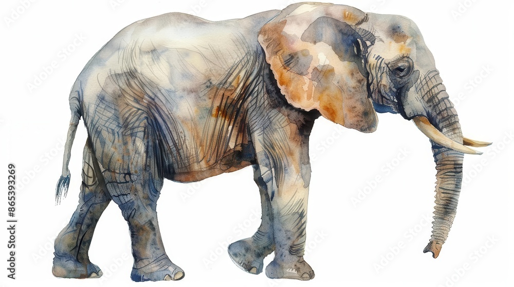 Fototapeta premium Magnificent elephant in gentle watercolors, with intricate details, full body, white background, zoo animal, watercolor elephant