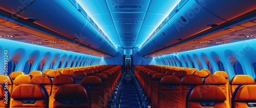 Airplane interior with orange seats and blue lighting. photo
