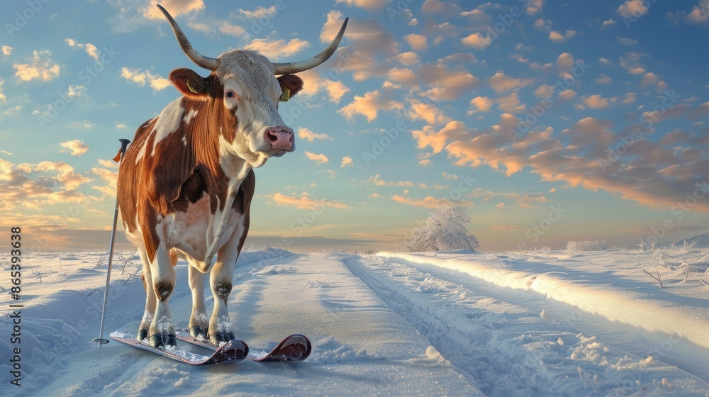 Cow skiing on a snowy mountain with blue sky and clouds. Funny animal sport, unusual and humorous photo. Cow skiing on a snowy mountain with blue sky and clouds. Funny animal sport, unusual and humorous photo.