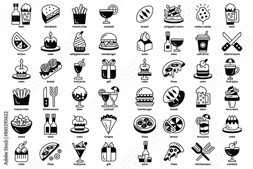 A collection of food icons, including pizza, hamburgers, and sandwiches