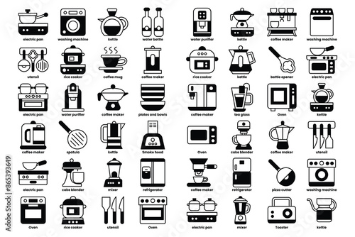 A collection of kitchen appliances and utensils