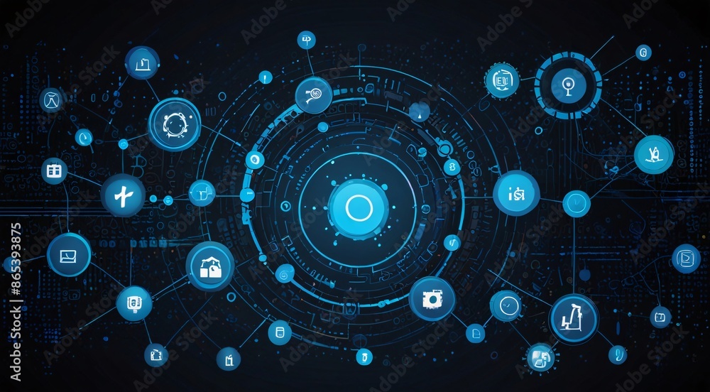 Fototapeta premium Futuristic digital technology network background, blue glowing circuit interface with data icons, abstract global communication system concept