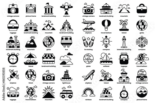 A collection of icons for various travel destinations