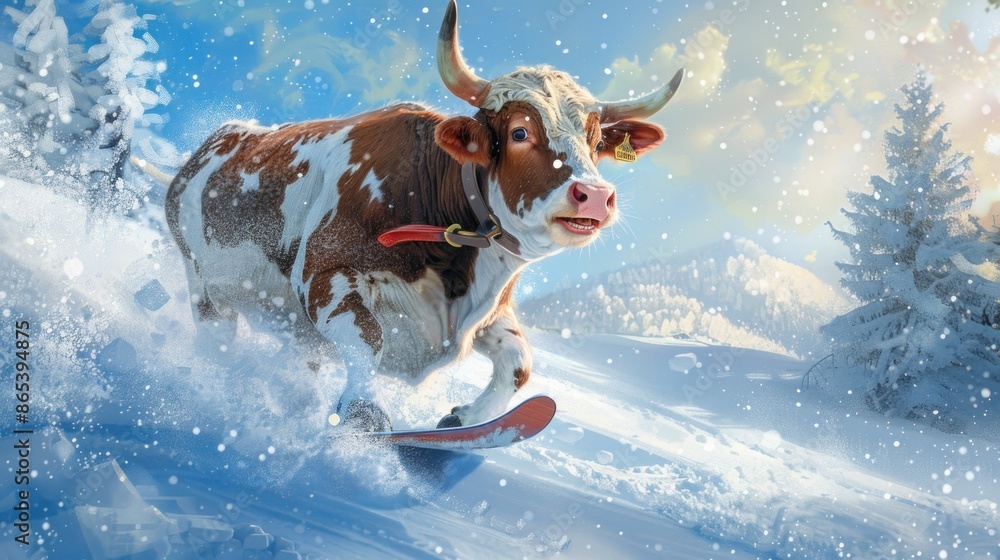 Cow snowboarding down a snowy mountain, with a blue sky and pine trees in the background. Funny cartoon illustration of animal in winter sports. Cow snowboarding down a snowy mountain, with a blue sky and pine trees in the background. Funny cartoon illustration of animal in winter sports.