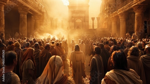 Jesus Christ surrounded a crowd of people in an ancient city. photo