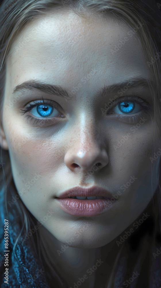 Close Up Young Woman Brown Hair Intense Icy Blue Eyes Concerned Gaze Close Up Young Woman Brown Hair Intense Icy Blue Eyes Concerned Gaze