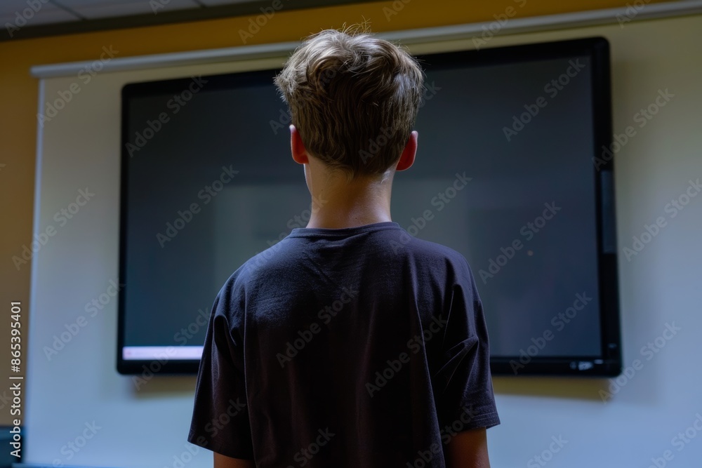 Device screen seen from a shoulder of a teen boy in front of a interactive digital board with a fully black screen Device screen seen from a shoulder of a teen boy in front of a interactive digital board with a fully black screen