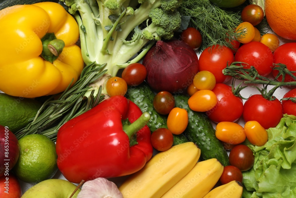 Source of protein for vegetarians. Different fresh vegetables, fruits and herbs as background, top view Source of protein for vegetarians. Different fresh vegetables, fruits and herbs as background, top view