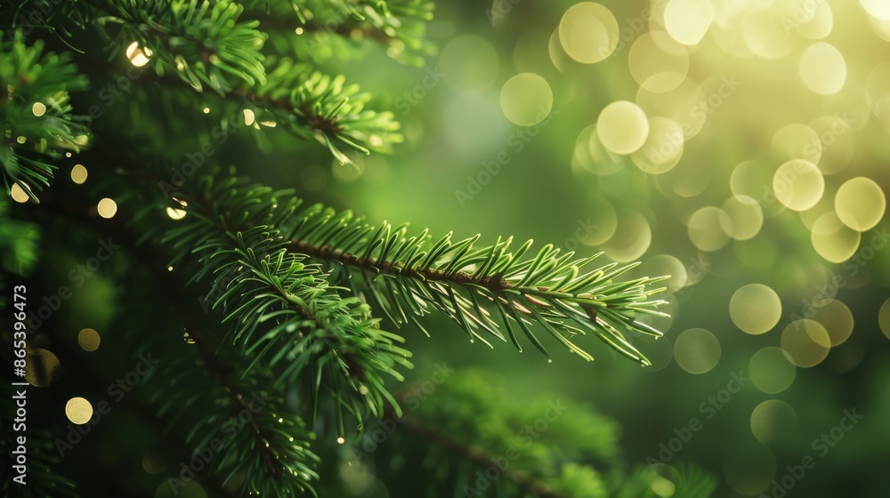 CloseUp of Evergreen Pine Tree Branch with Glittering Bokeh Lights in the Background CloseUp of Evergreen Pine Tree Branch with Glittering Bokeh Lights in the Background