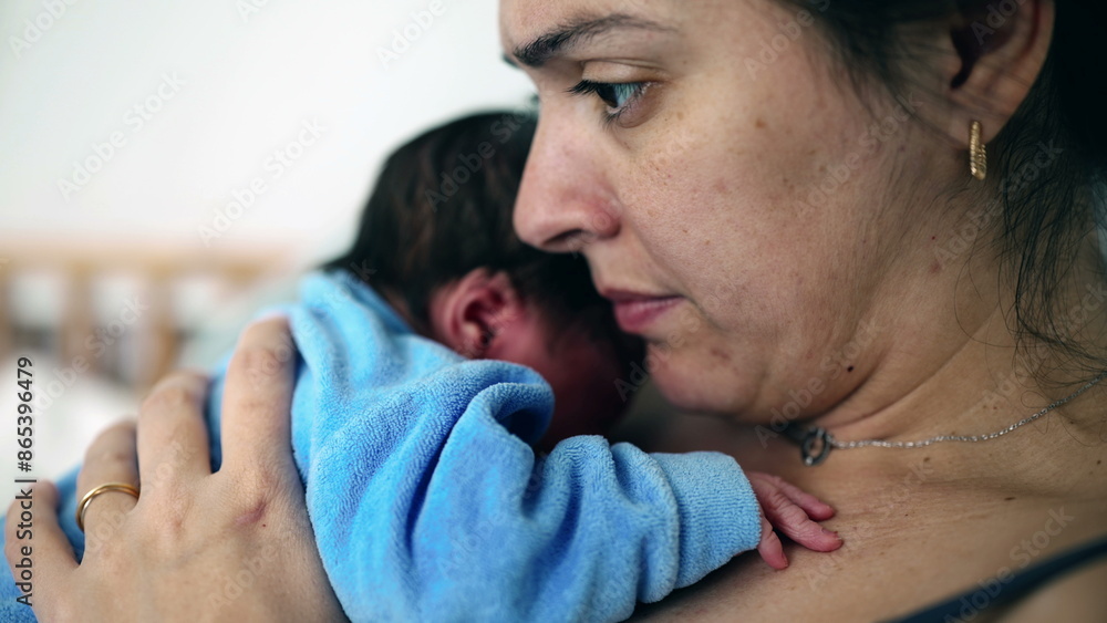 Close-up of a newborn baby resting on mother's chest, highlighting tender moments of early bonding, healthcare setting, postnatal care, emotional connection, new family, nurturing love Close-up of a newborn baby resting on mother's chest, highlighting tender moments of early bonding, healthcare setting, postnatal care, emotional connection, new family, nurturing love
