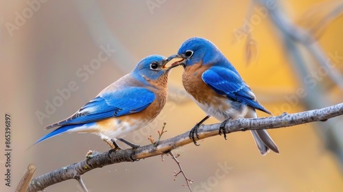Eastern Bluebirds, male feeding the female 