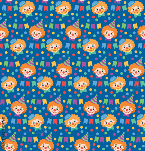 Seamless pattern with fun clowns faces and banners. Vector colorful background in flat style	