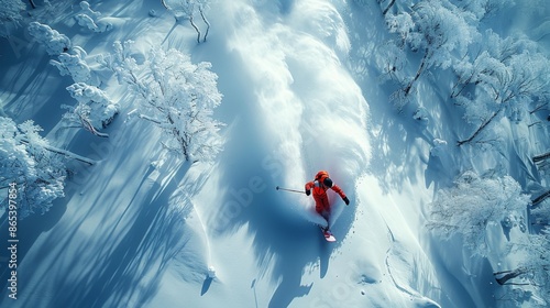 Skiing Through Pristine Powder Snow in Winter Wonderland - Generative AI photo