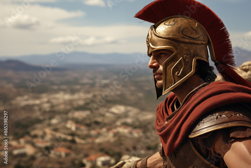 Spartan War. Spartan warrior with landscape in the background. Topics related to ancient Greece and the Spartans. Fights in ancient Greece. Historical reconstitution. Eternal ancient Greece. Video gam photo