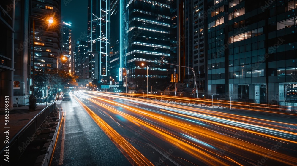 Naklejka premium Futuristic urban street at night luminous car light trails in a captivating cityscape scene