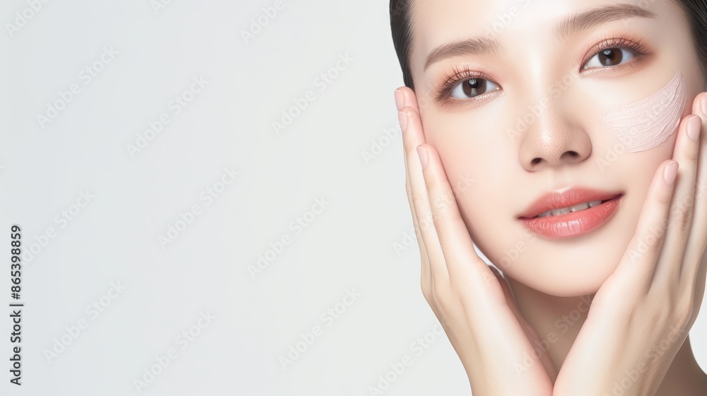 Elegant Asian woman with perfect skin, spa environment, isolated on white, highlighting skincare routine, fresh and rejuvenated appearance Elegant Asian woman with perfect skin, spa environment, isolated on white, highlighting skincare routine, fresh and rejuvenated appearance