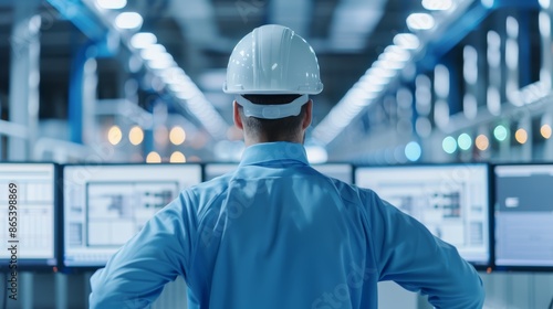 Engineer with hands on hips, back view, observing computer screens with schematics and documents, sleek and modern manufacturing setting