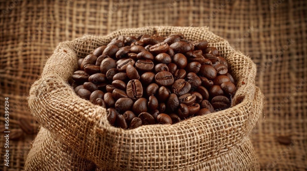 Freshly roasted coffee beans surround a rustic brown bag, hinting at the delightful aroma and rich flavor waiting inside Freshly roasted coffee beans surround a rustic brown bag, hinting at the delightful aroma and rich flavor waiting inside