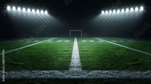 Football field illuminated by bright stadium lights, night game setting, high-energy sports concept