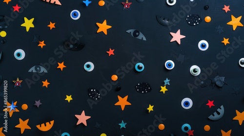 Halloween theme with various eyes and star shaped confetti on dark background Creative trick or treat concept Flat lay view with space for text