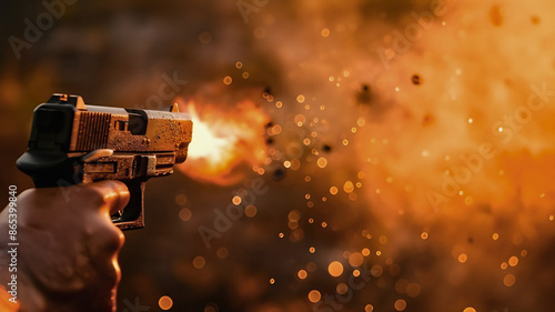 A man holding a pistol and firing it.