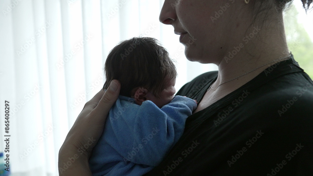 Mother holding newborn baby in a blue onesie, side profile, close embrace, showing love and care, soft background lighting, intimate bonding moment, capturing early days of motherhood and infancy Mother holding newborn baby in a blue onesie, side profile, close embrace, showing love and care, soft background lighting, intimate bonding moment, capturing early days of motherhood and infancy