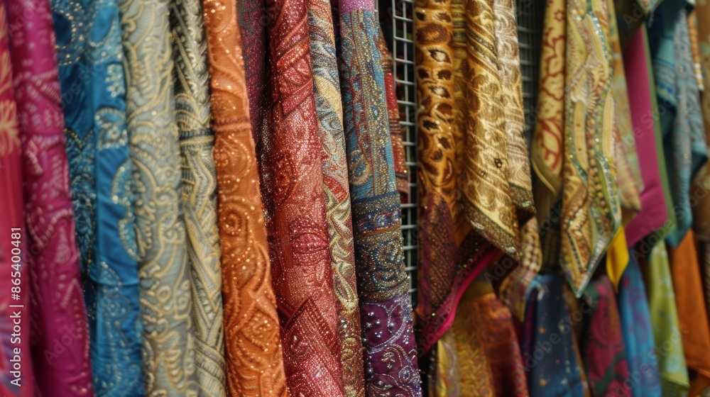 Pieces of fabric cascade down from wire racks creating a waterfall of rich textures and hues for shoppers to peruse. Pieces of fabric cascade down from wire racks creating a waterfall of rich textures and hues for shoppers to peruse.