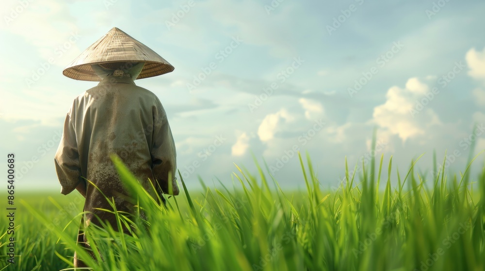 A weathered farmer in a traditional conical hat stands proudly amidst a lush green rice paddy, his hands clasped behind his back. A weathered farmer in a traditional conical hat stands proudly amidst a lush green rice paddy, his hands clasped behind his back.